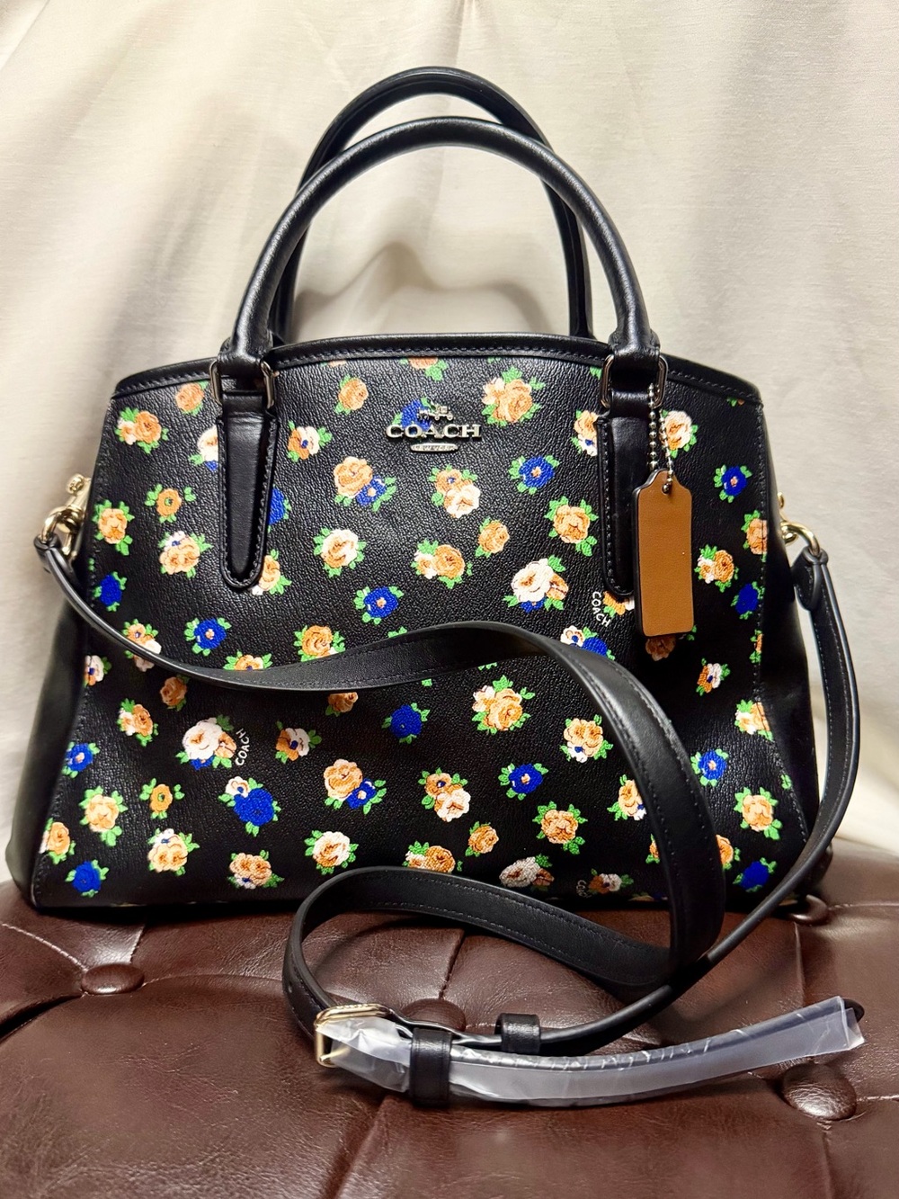 Used Coach Black Floral Leather Satchel - Coach - Picture 7 of 10